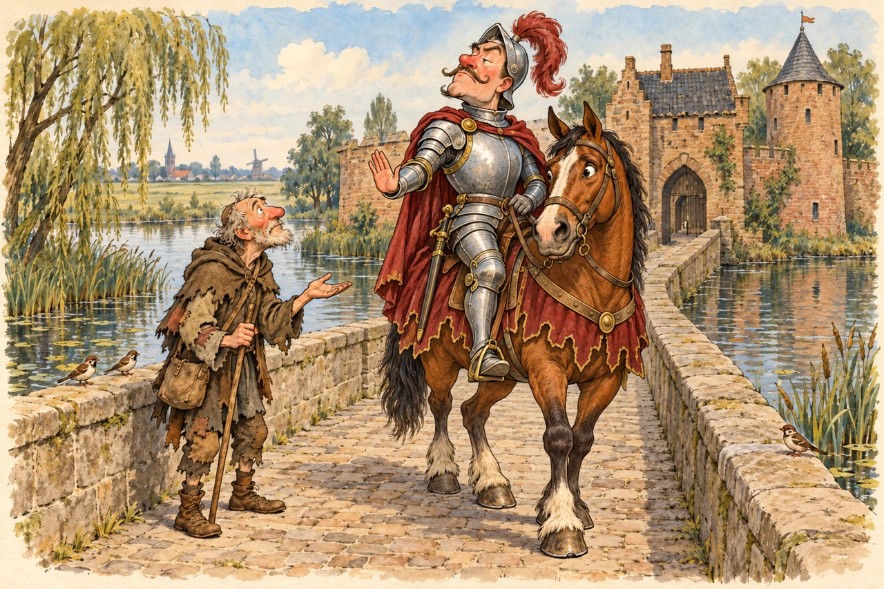 A knight on horseback beside a beggar at a castle moat; an imagined folk tale.