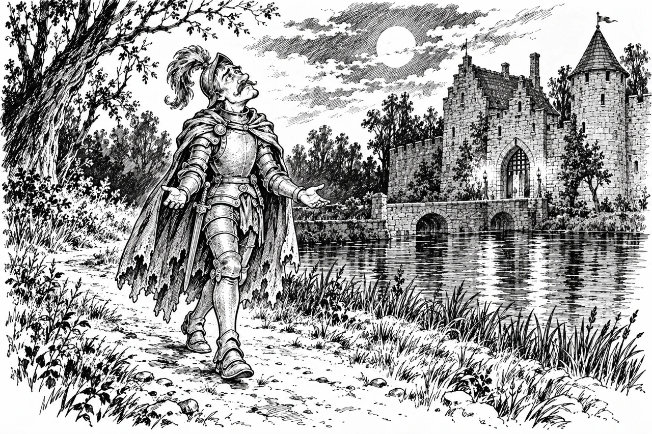 Sketch of a knight in the water beside a castle moat; an imagined folk tale.