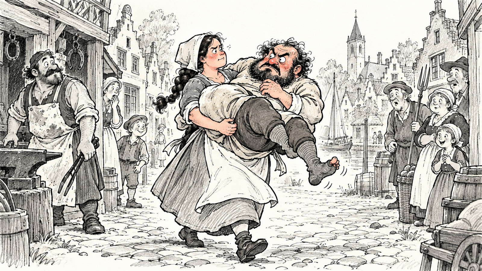 Emma carries her husband, without armour or boots, through the besiegers.