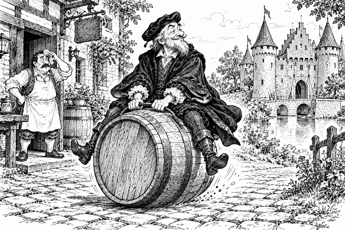 Faust reitet auf einem riesigen Bierfass, während der Wirt erstaunt zusieht.