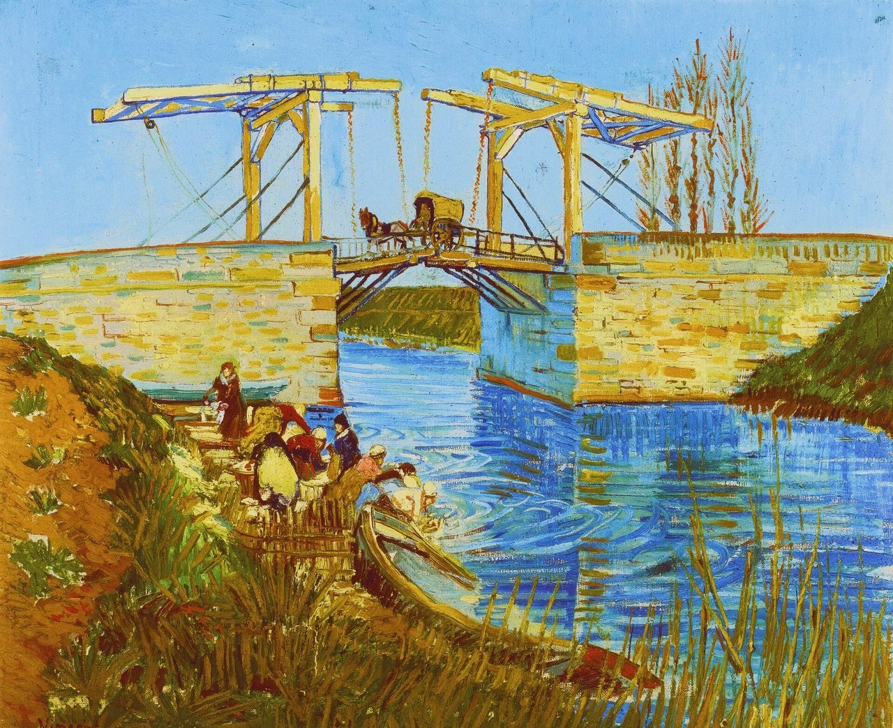 Tableau d’un pont-levis en bois au-dessus d’un canal sous un ciel d’un bleu limpide ; sur le pont, une calèche tirée par un cheval, sur la rive, des lavandières au bord de l’eau.