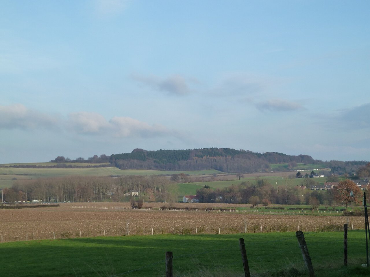 A wide, pale blue sky with a few clouds above a rolling landscape with a wooded hill, bare trees, a ploughed field and a green meadow with small posts in the foreground.