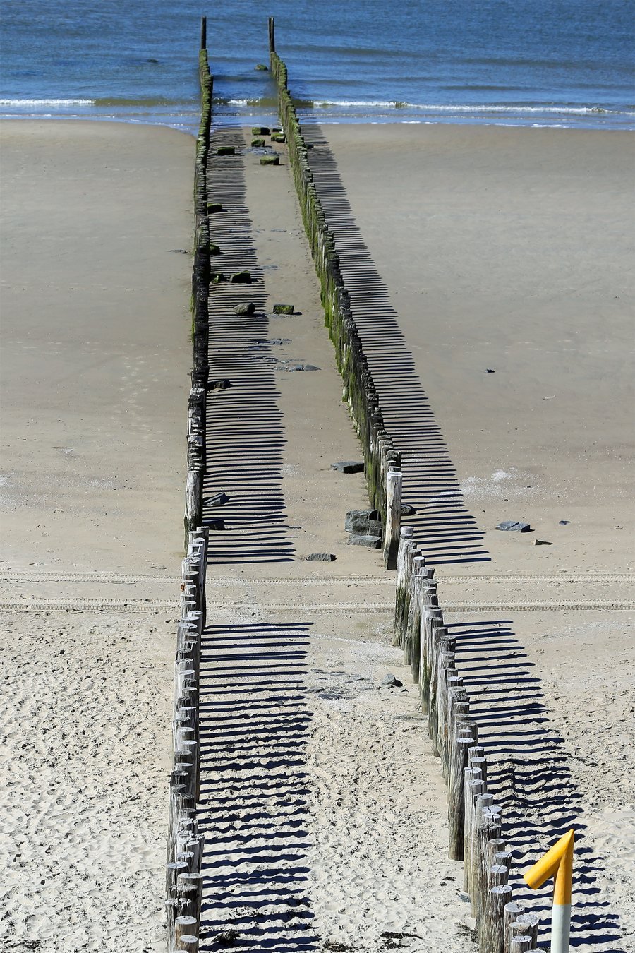 Portrait-format photo of two parallel rows of wooden posts running across a pale sandy beach towards the blue sea, with long shadows on the sand and a small yellow post at the bottom right.