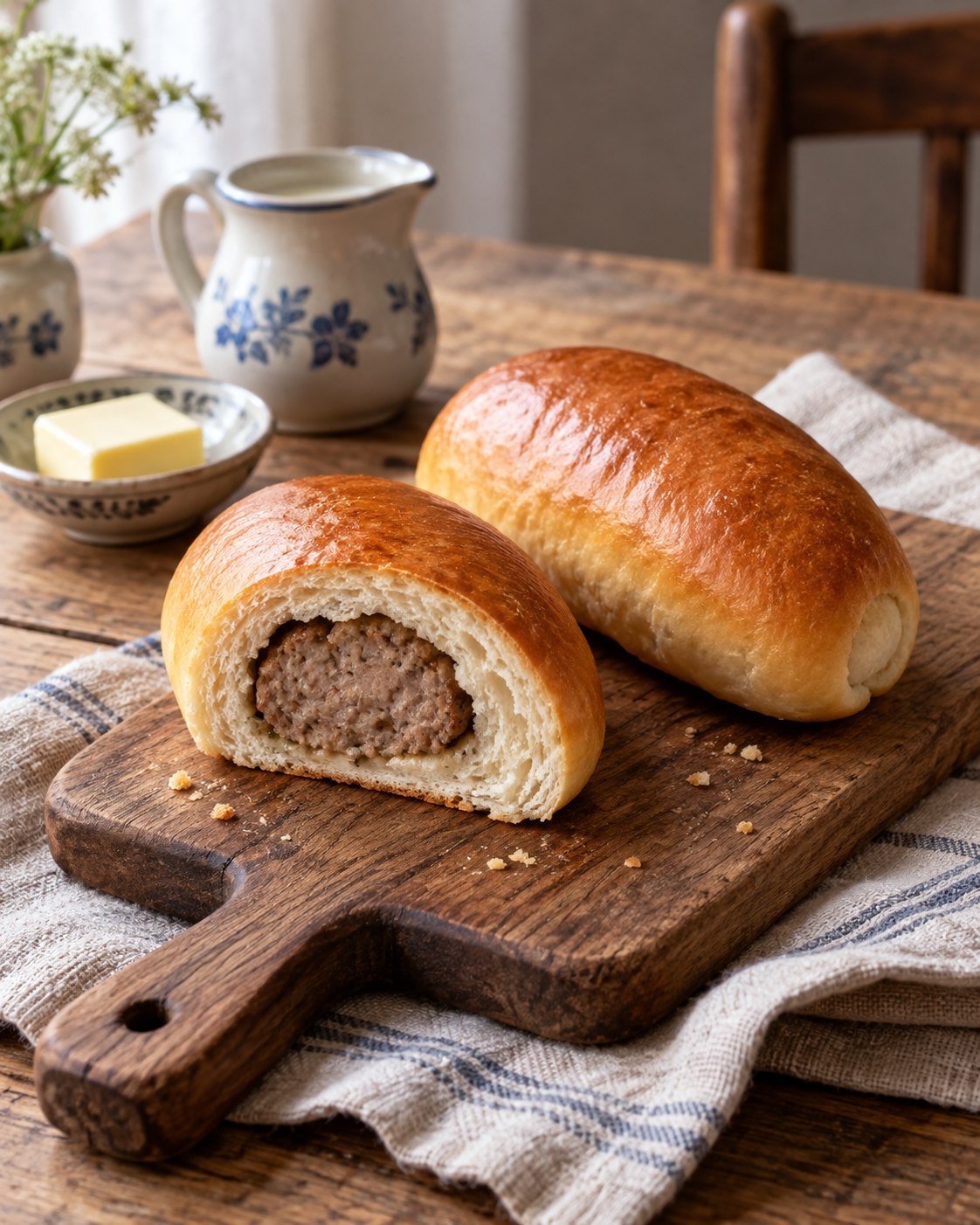 Goudbruine worstenbroodjes met zacht brooddeeg en gehaktvulling, detail — eigen AI-beeld