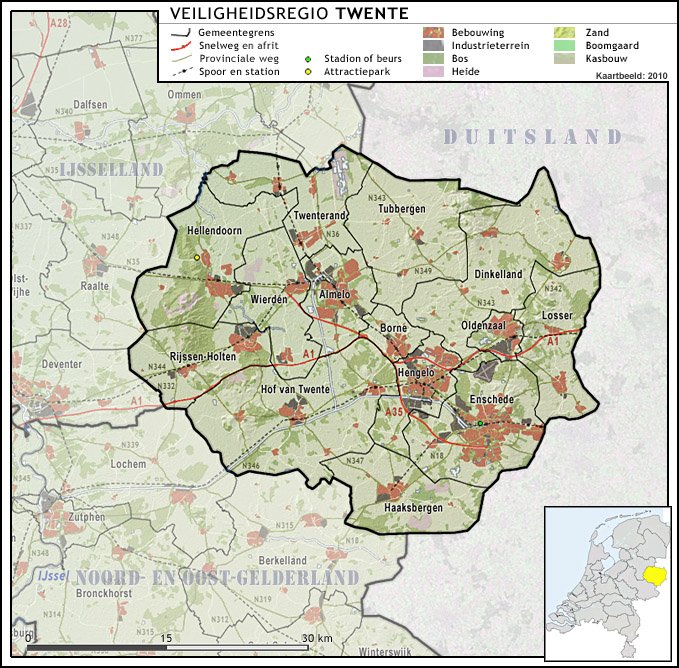 Kaart van Twente met bebouwing, bos en landbouwgrond uit 2010