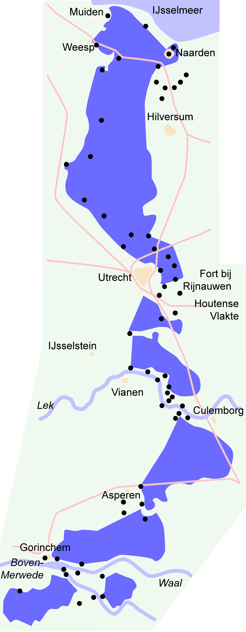 Overzichtskaart van forten en inundatiegebieden van de Nieuwe Hollandse Waterlinie