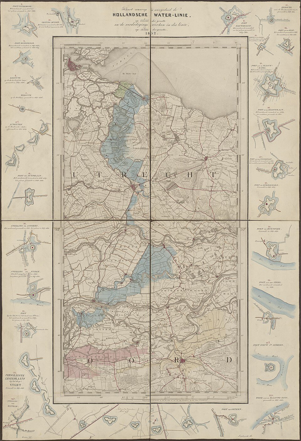 Historische kaart van de Nieuwe Hollandse Waterlinie uit 1852
