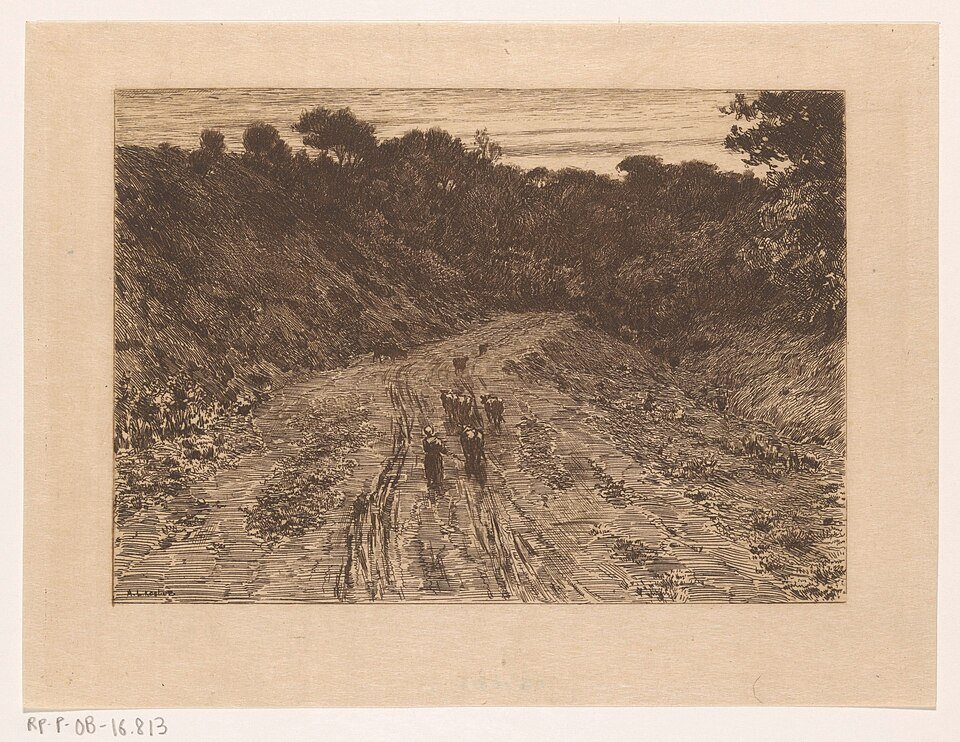 Historische prent van een holle weg in Limburg