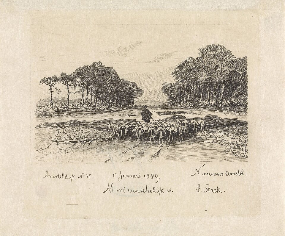 Historische tekening van een herder met schapen op de heide