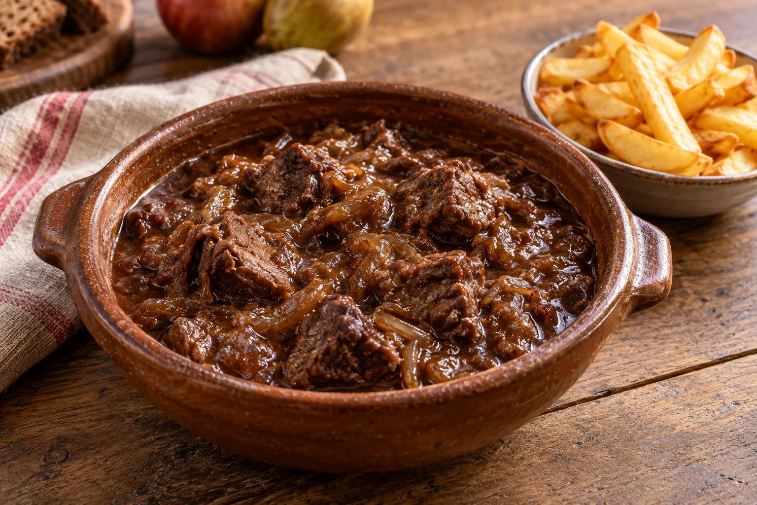 Un plat en terre cuite de bœuf braisé brun foncé, effiloché, dans une sauce brillante et liée, avec une portion de frites à côté.