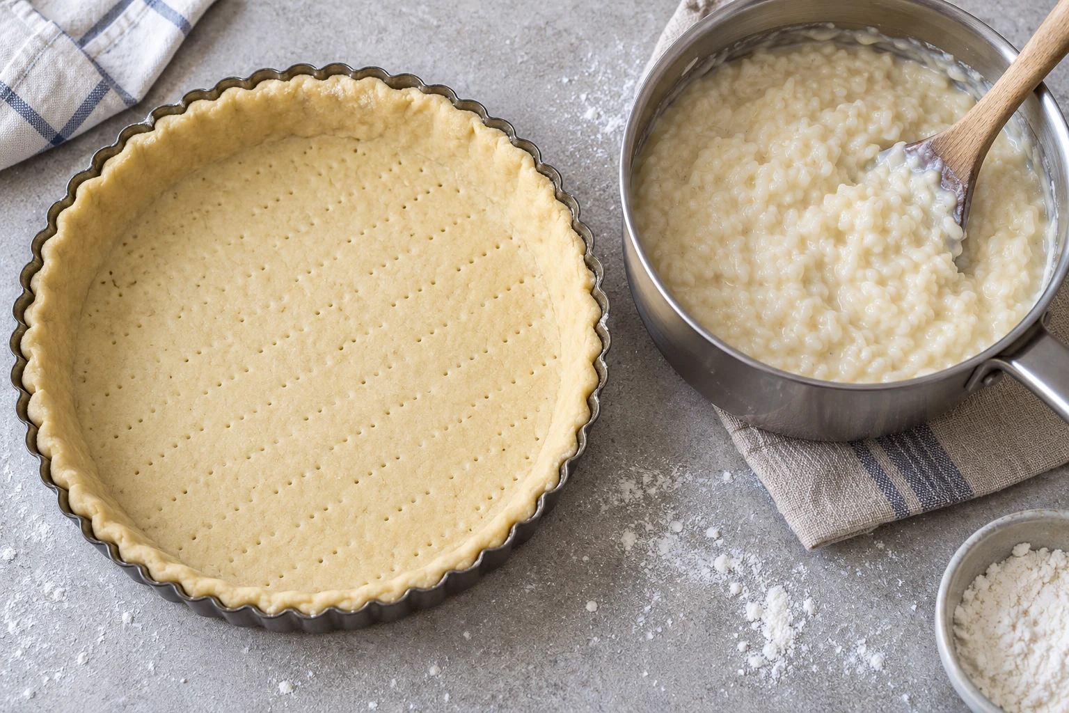 Un moule à vlaai foncé d’une fine pâte levée, à côté d’une casserole de riz au lait épais avec une cuillère en bois.