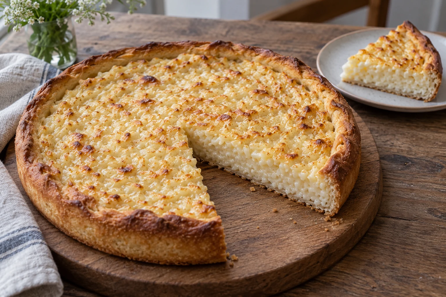 Une vlaai limbourgeoise au riz, ronde, au bord doré et à la garniture de riz mouchetée de doré, dont une part est servie sur une assiette à côté.