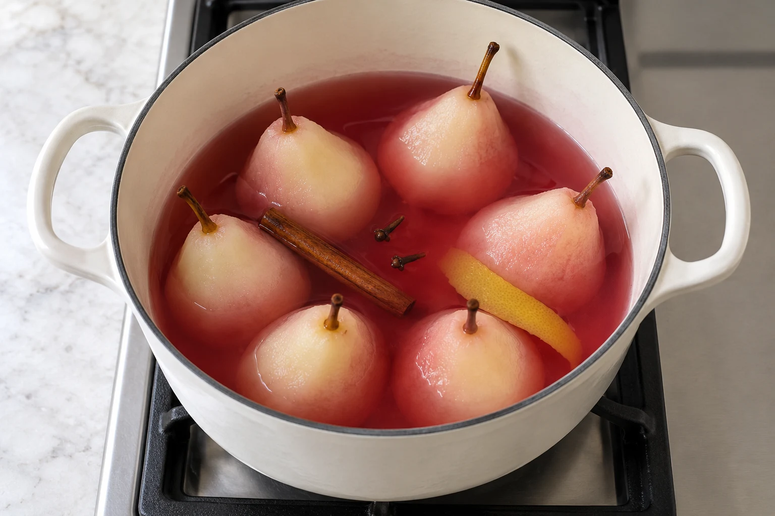 Bleke geschilde peren met steeltjes dicht tegen elkaar in een witte pan met rood stoofvocht, een kaneelstokje, kruidnagels en een reepje citroenschil.