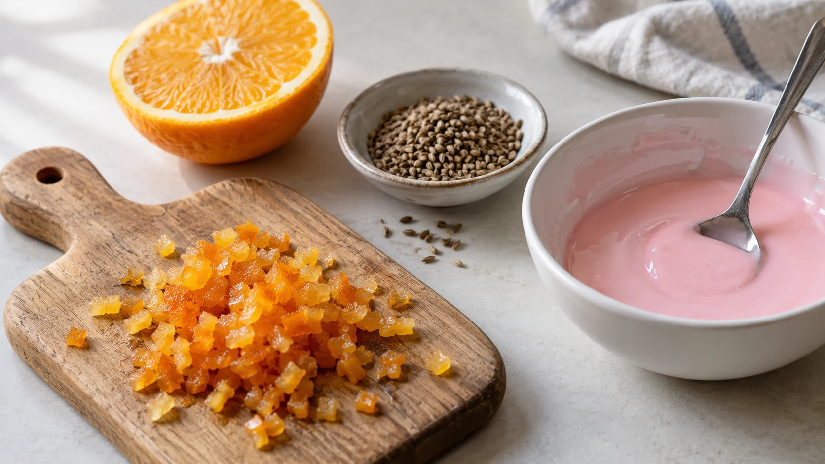 De l’écorce d’orange confite finement hachée sur une petite planche en bois, une coupelle de graines d’anis, un bol de glaçage rose tendre et une demi-orange.