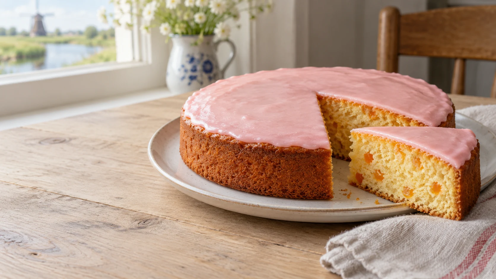 Een ronde Friese oranjekoek met zachtroze glazuur op een keramisch bord op een houten tafel; één punt is eruit gesneden en toont lichtgeel kruim met kleine oranje stukjes gekonfijte sinaasappelschil.