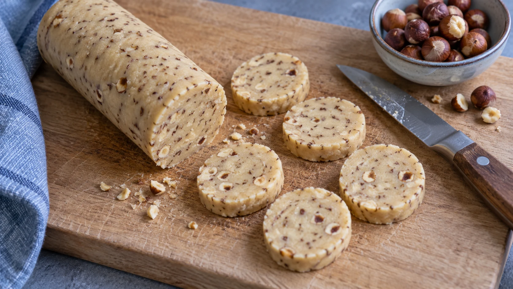 Een deegrol met stukjes hazelnoot en anijszaad die in dikke plakjes wordt gesneden op een snijplank.