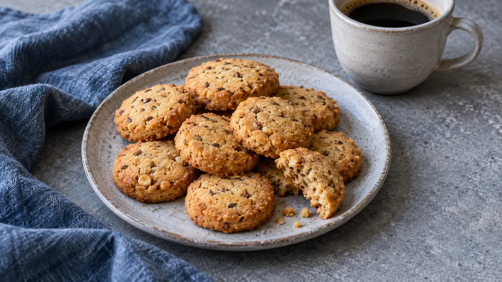 Een stapeltje kleine, ronde goudbruine koekjes met zichtbare stukjes hazelnoot en anijszaadjes in een aardewerken schaaltje.