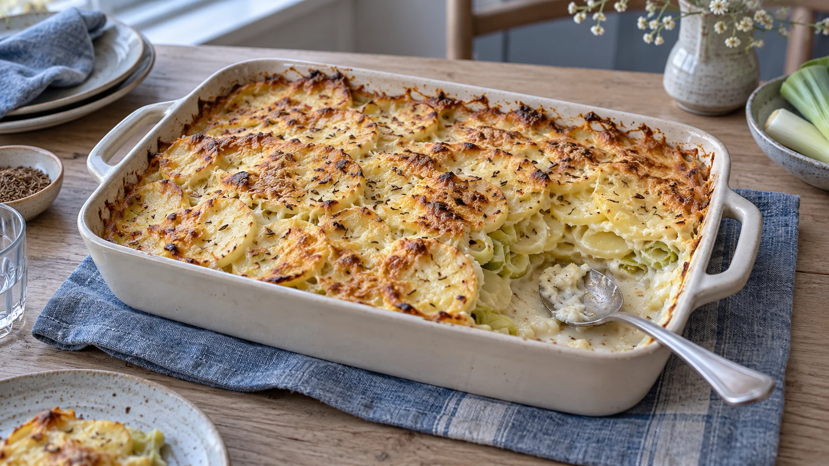 Een ovenschaal met goudbruin gegratineerde aardappelgratin, waarin dunne aardappelplakken, groene preiringen en gesmolten kaas met donkere kruidnagelpuntjes zichtbaar zijn.