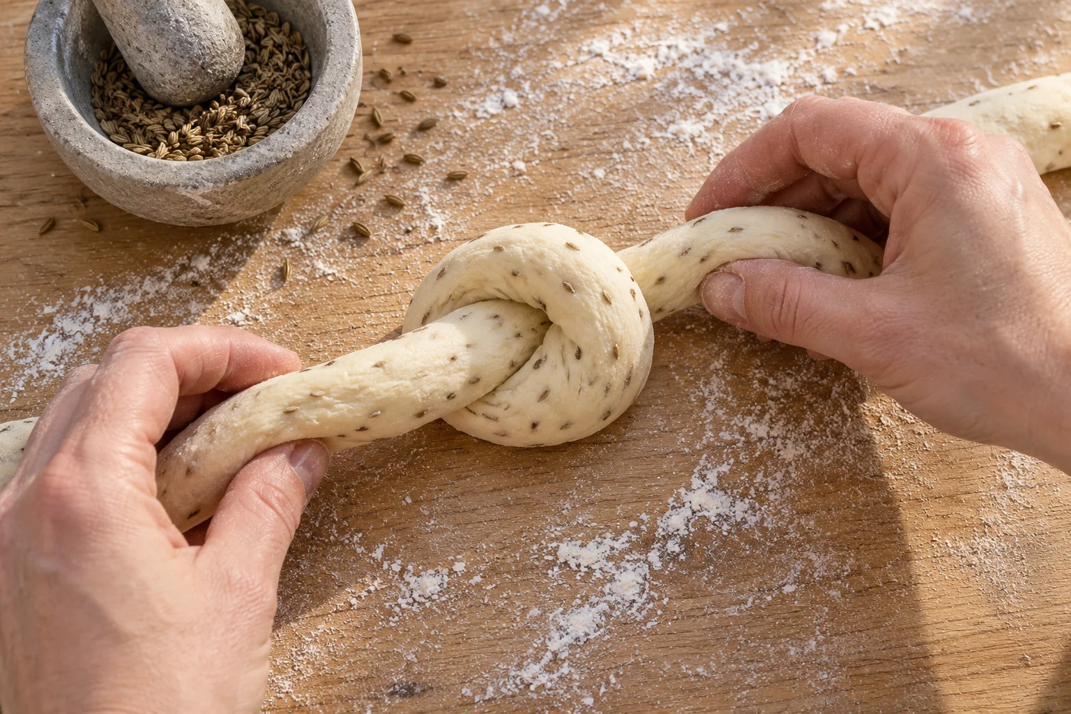 Hände legen einen Knoten in einen langen weißen Teigstrang mit Anissamen auf einer bemehlten Arbeitsfläche.