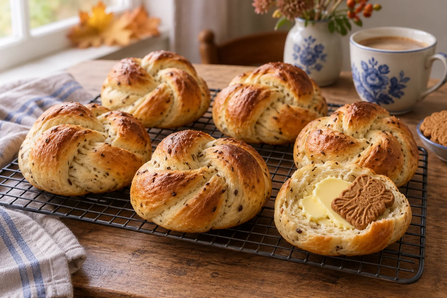 Een stuk of zes goudbruine, met de hand geknoopte witte broodjes met zichtbare anijszaadjes op een rooster; één broodje is opengesneden en belegd met boter en een speculaasje.
