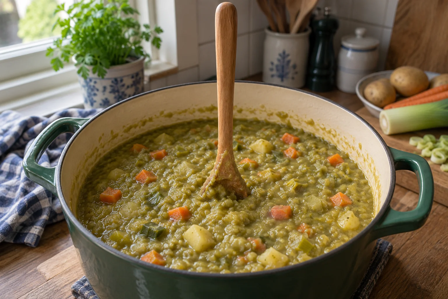 A large pan of thick green pea soup with a wooden spoon standing upright in it.