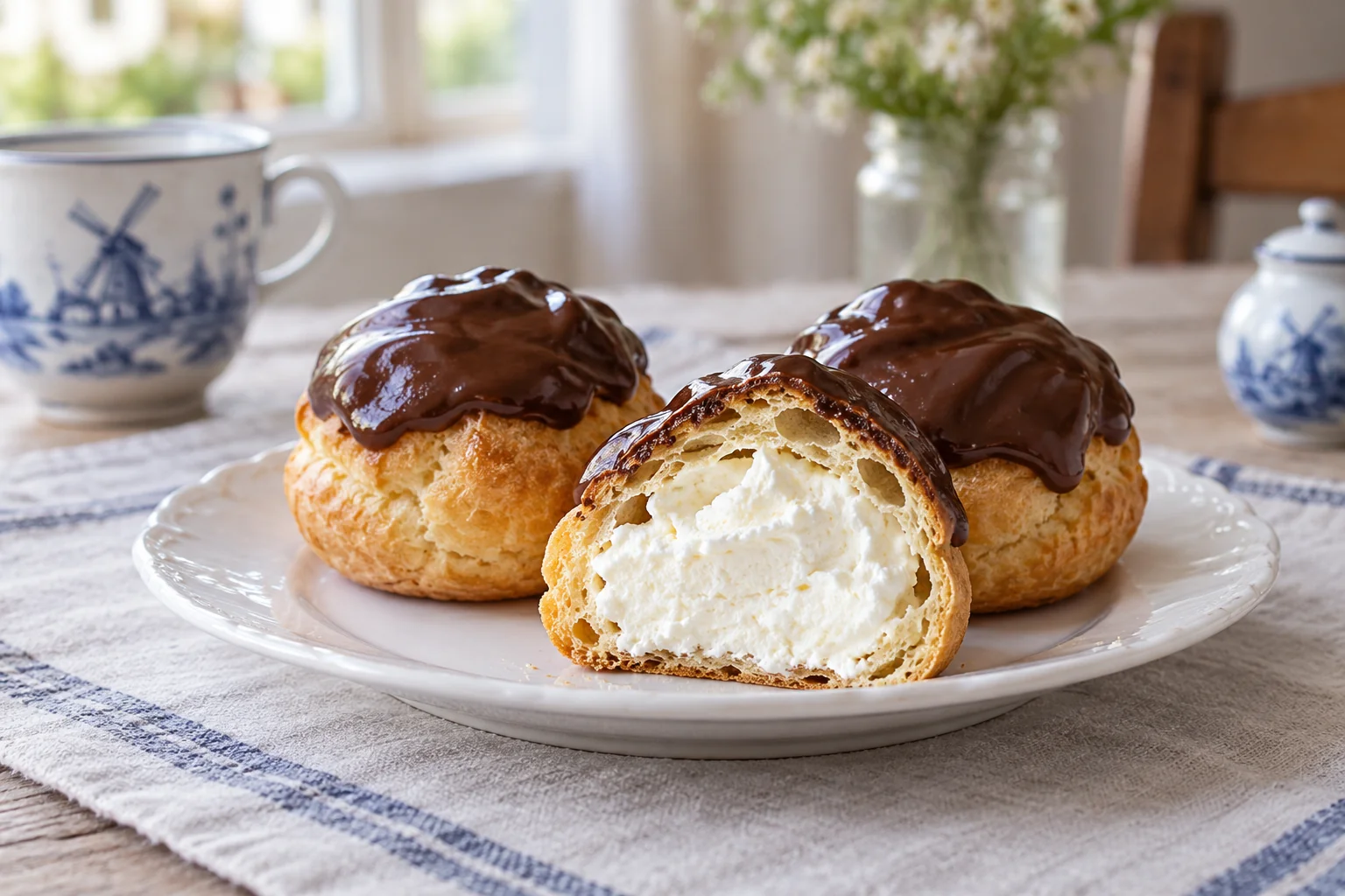 Drie huisgemaakte Bossche bollen van ongeveer 7 cm breed met een glanzende kap van pure chocolade op een schaal; één is doorgesneden zodat de slagroom zichtbaar is.