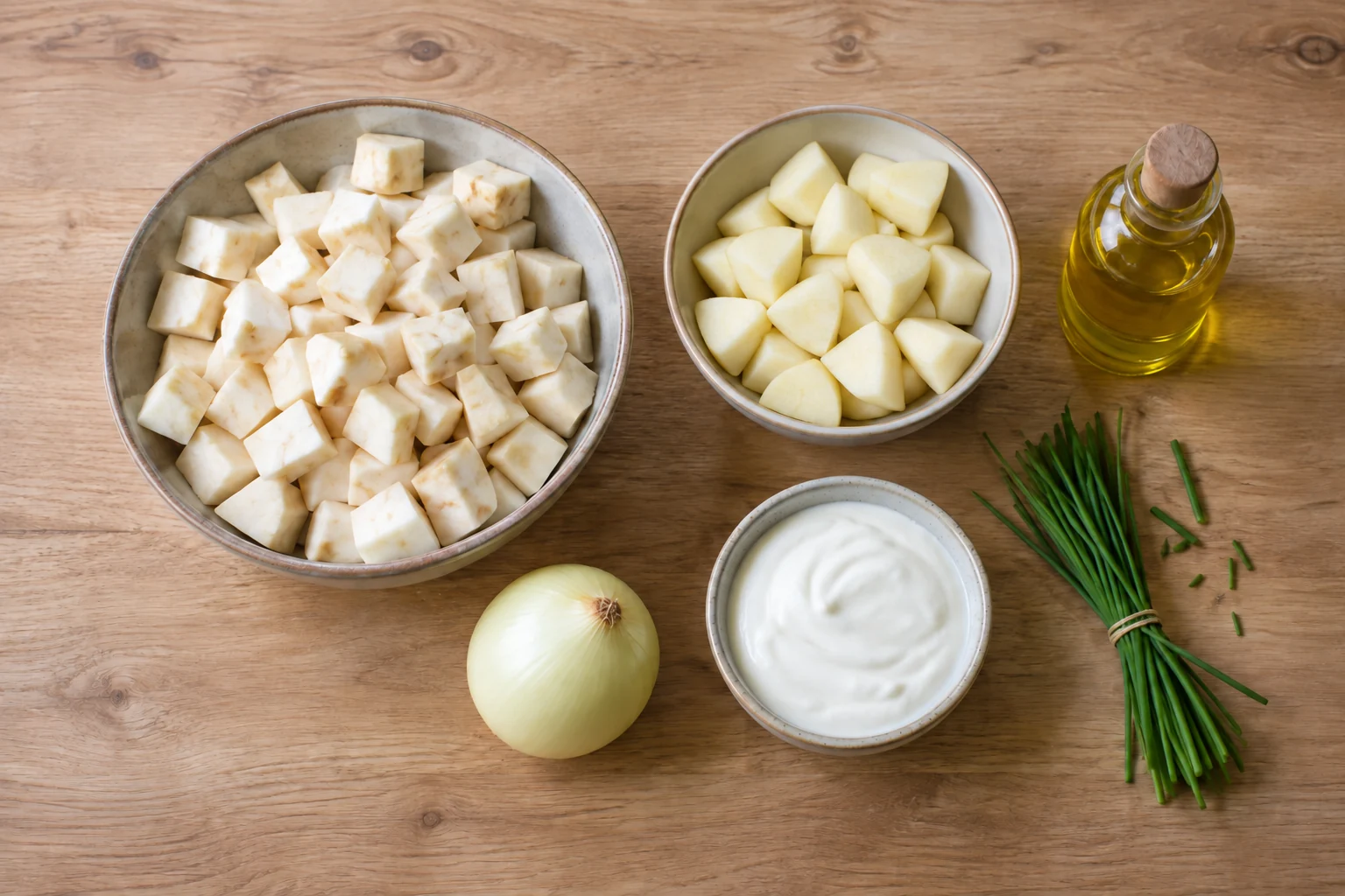 Selleriewürfel, geschälter Apfel, Zwiebel, Joghurt und Schnittlauch auf einer Arbeitsfläche.
