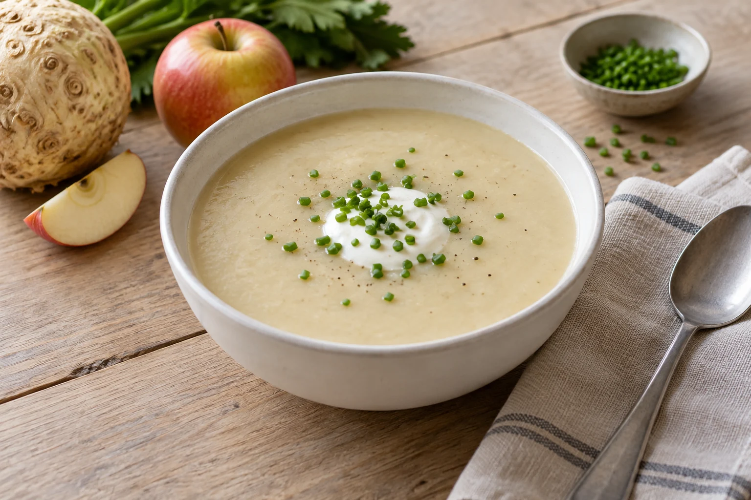 Hellbeige Knollenselleriesuppe mit einem Löffel Joghurt und feinem Schnittlauch.