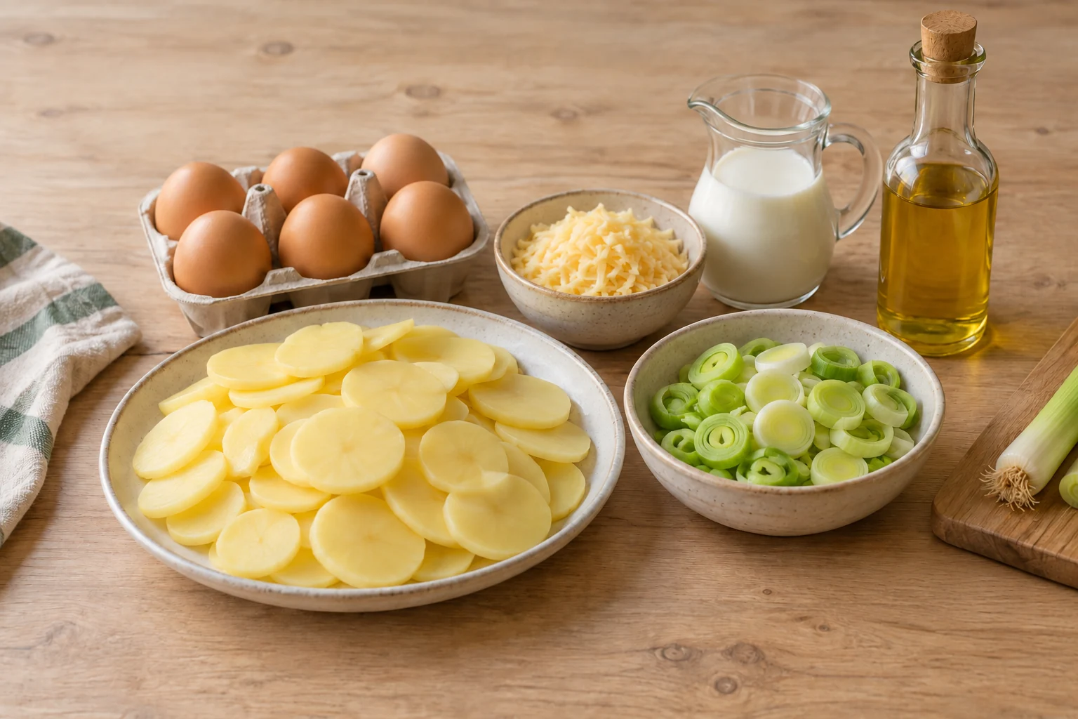 Aardappelplakjes, preiringen, zes eieren, melk en geraspte boerenkaas voor de frittata.