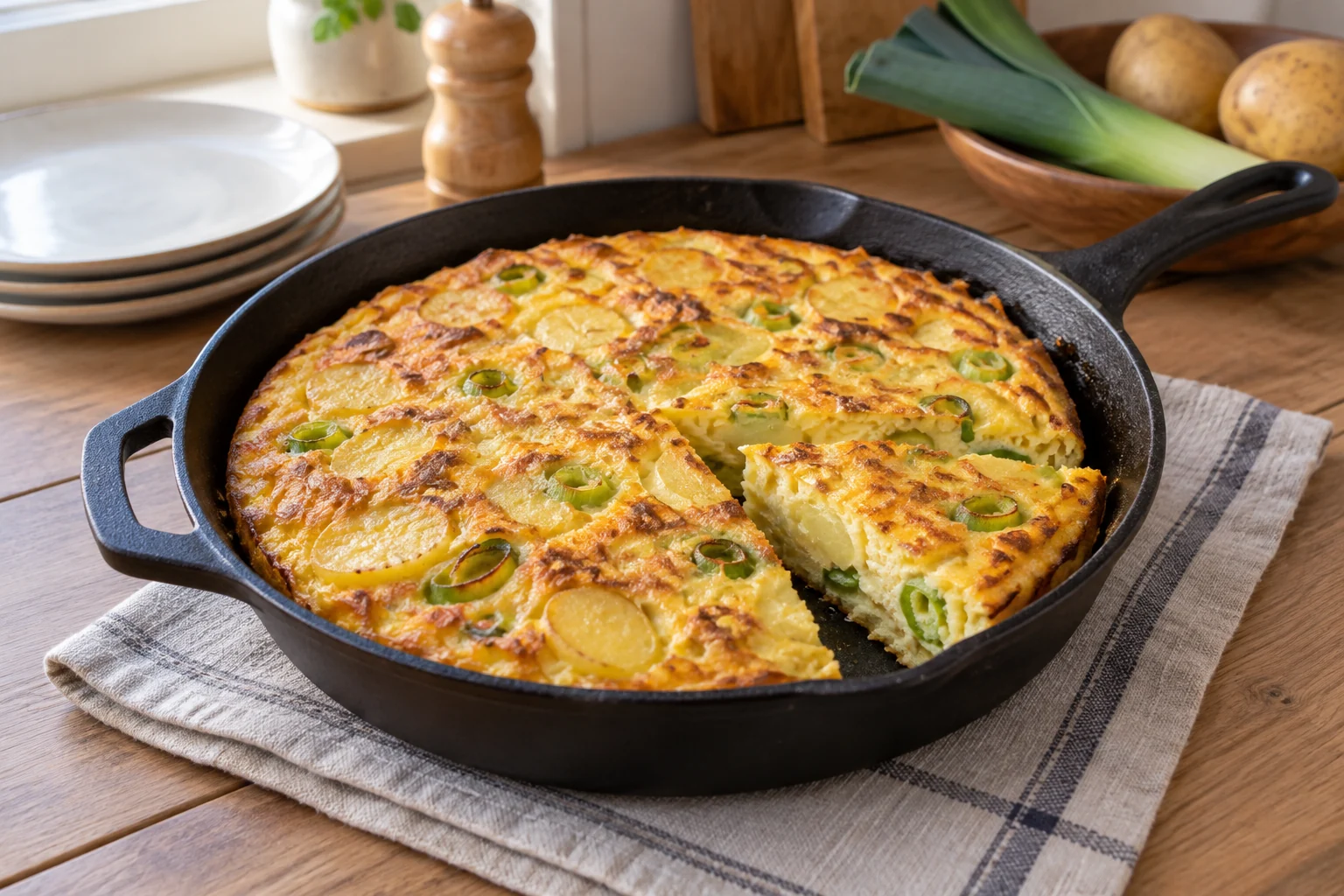 Golden frittata with potato slices and leek rings in a black ovenproof pan.