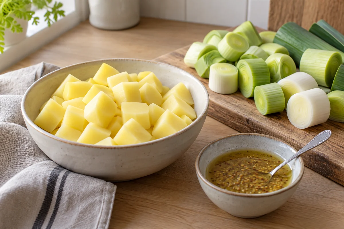 Aardappelblokjes, gewassen prei en een kommetje grove mosterddressing op een werkblad.