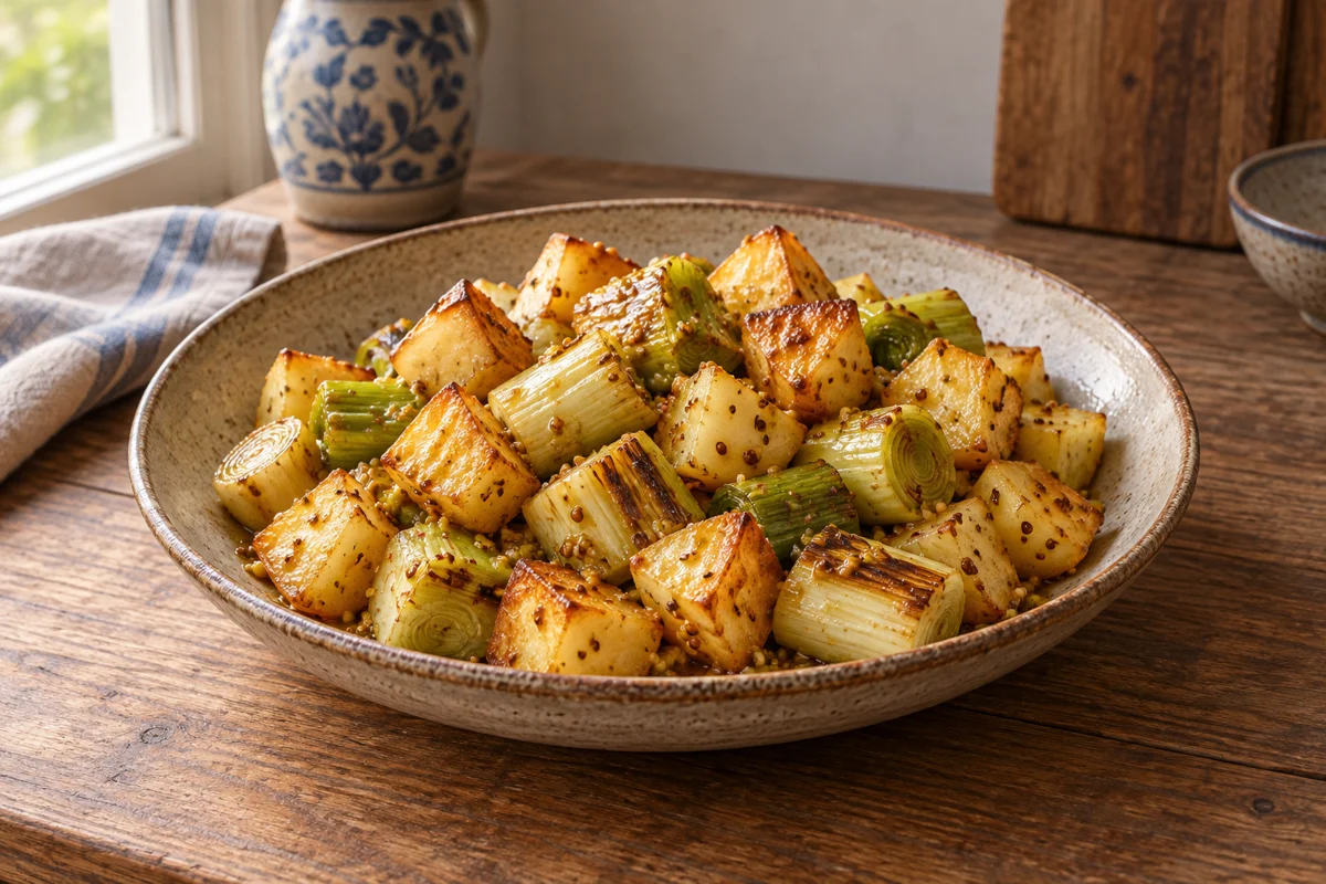Goudbruine aardappelblokjes en geroosterde stukken prei met grove mosterddressing.