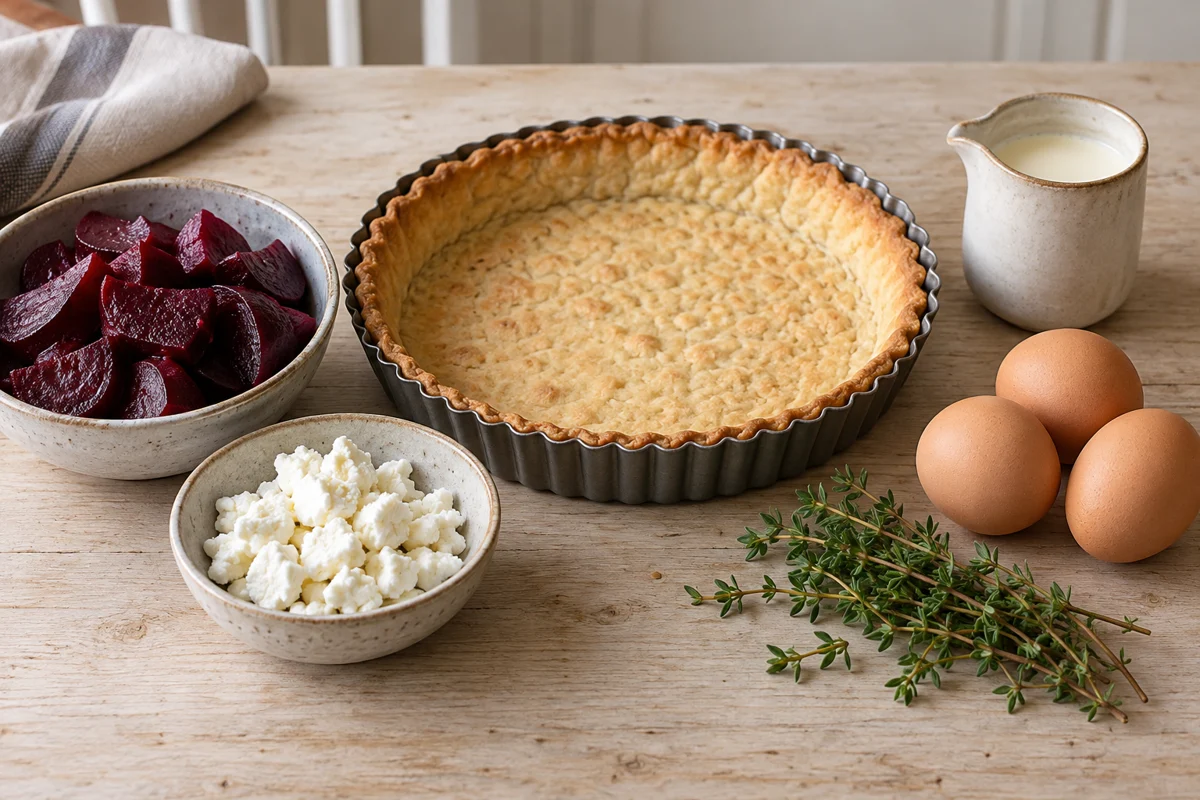 Precooked beetroot, goat cheese, eggs, cream and thyme beside a prebaked tart shell.
