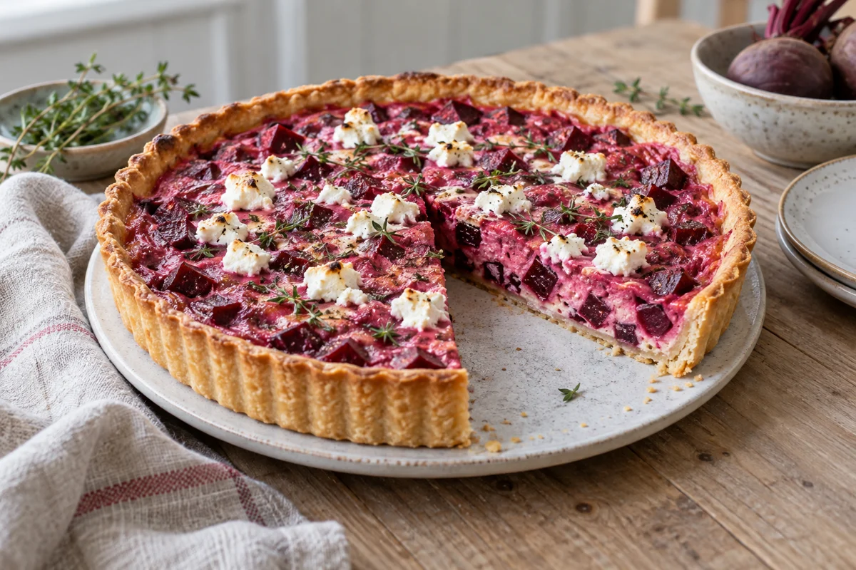 Sliced beetroot tart with a pink egg-and-cream filling, goat cheese and thyme.