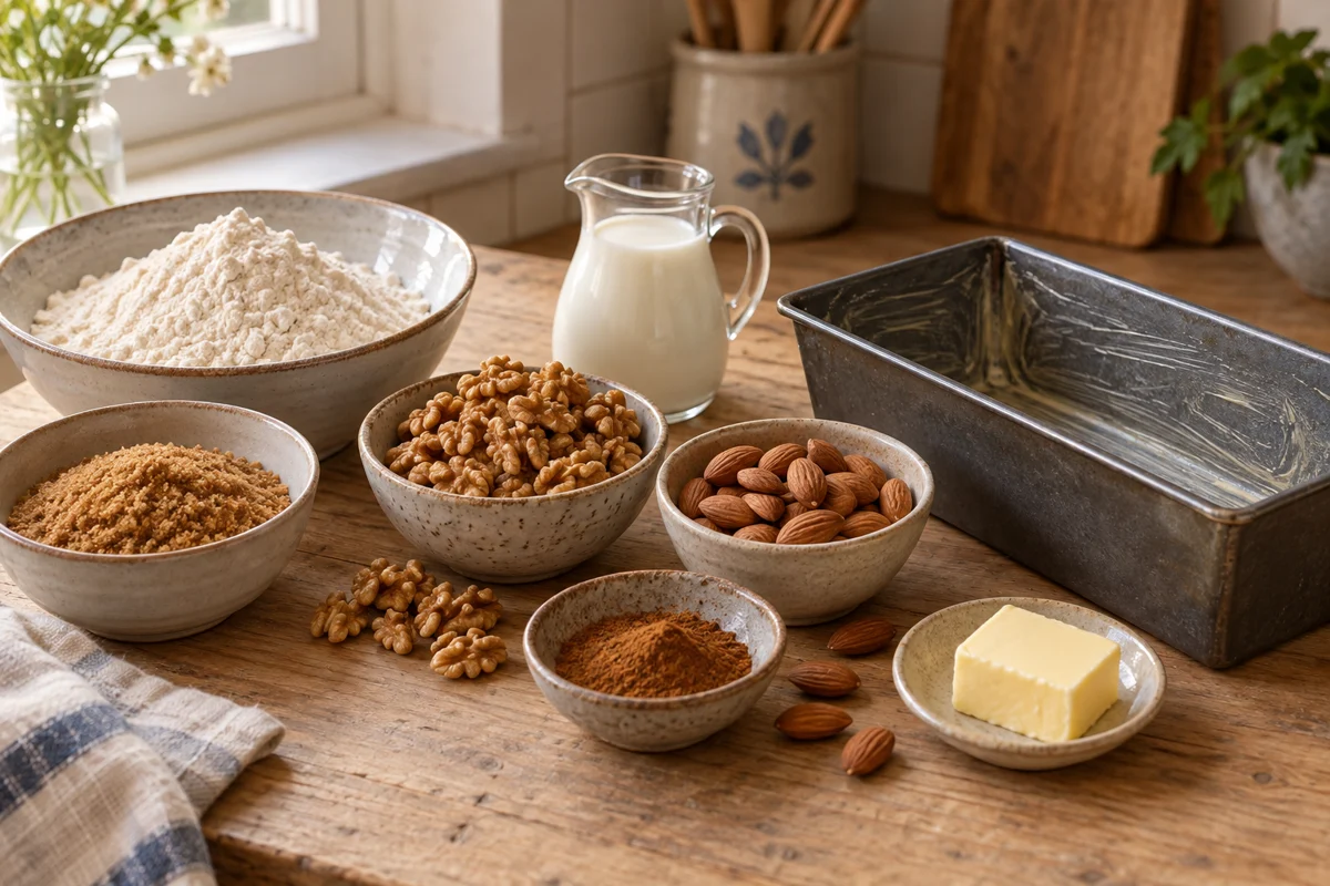 Wheat flour, brown sugar, walnuts, almonds, milk and baking spices beside a greased loaf tin.