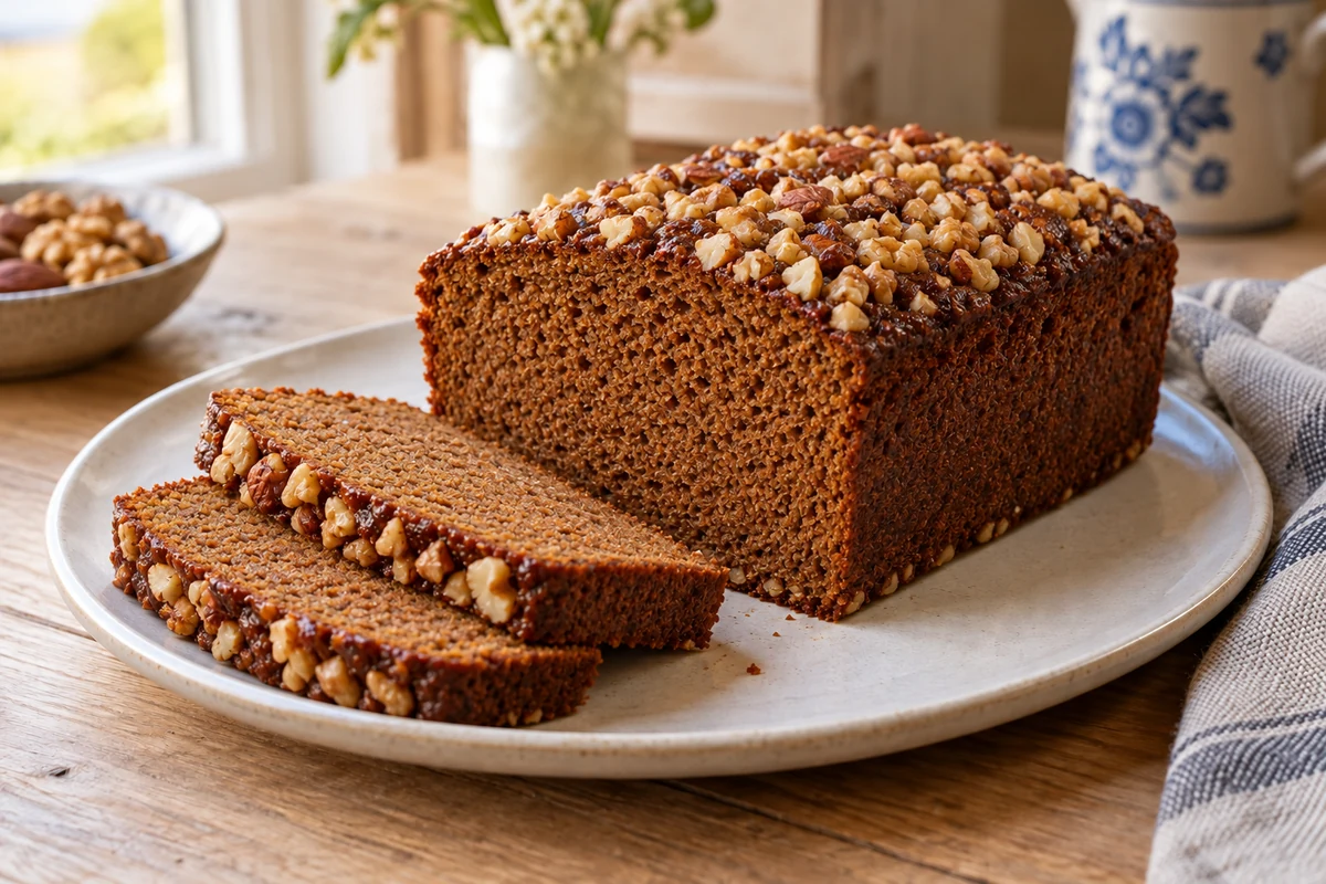 Firm dark brown spiced loaf with walnuts and almonds, with several slices cut off.