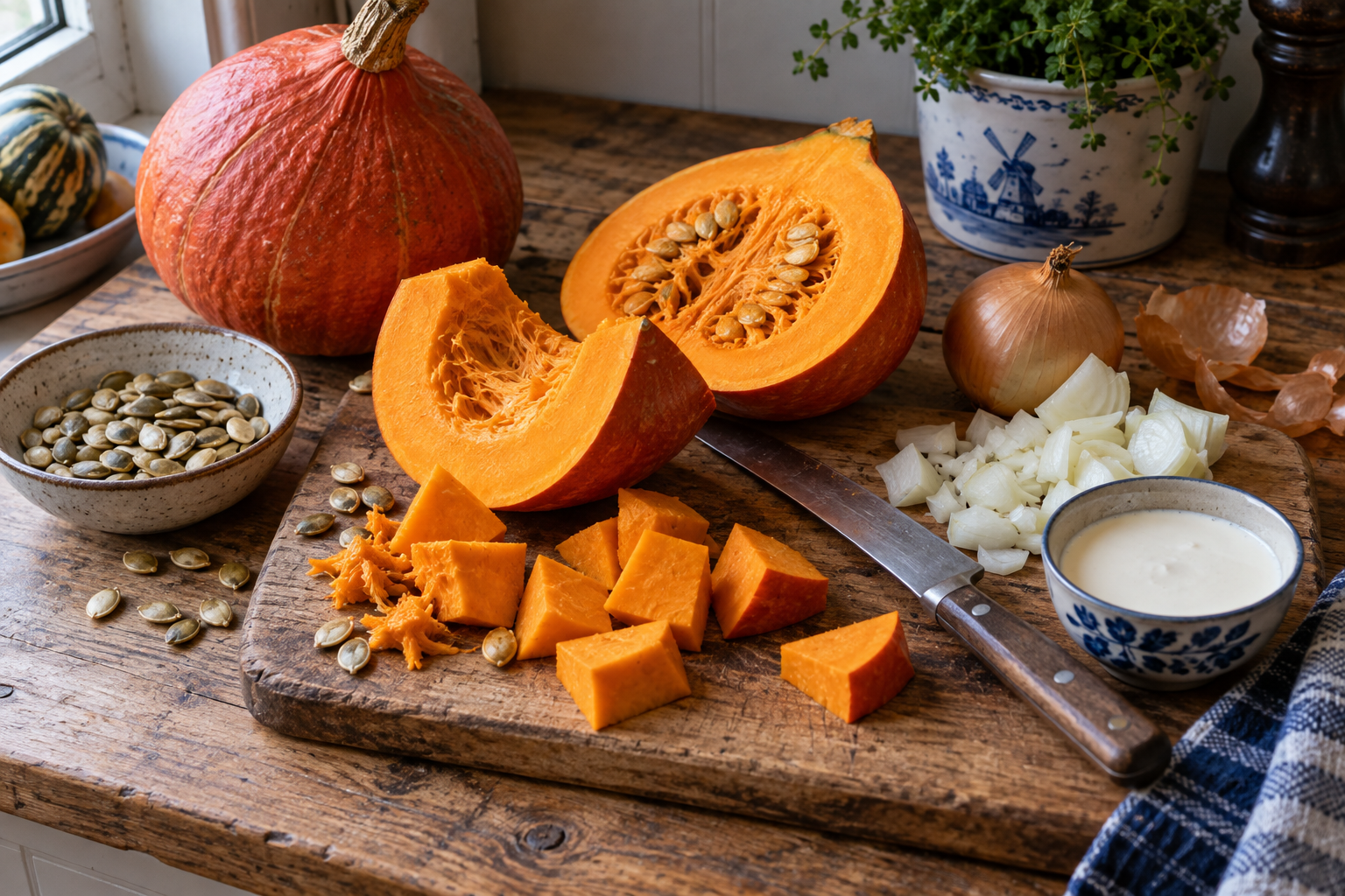 Morceaux de courge, oignon, graines et crème aigre prêts pour la soupe.
