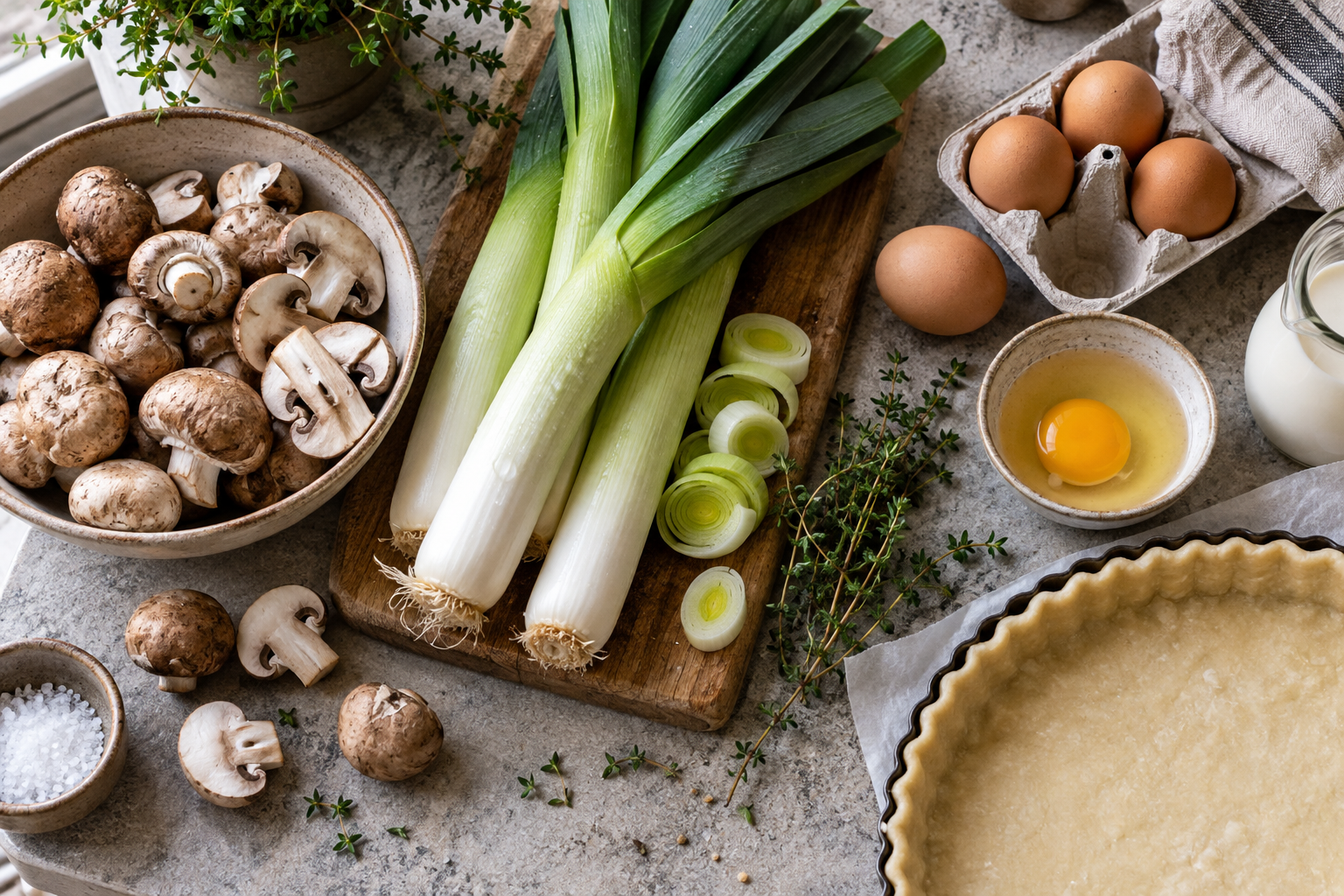 Champignons, prei, tijm, eieren en deeg op het werkblad.
