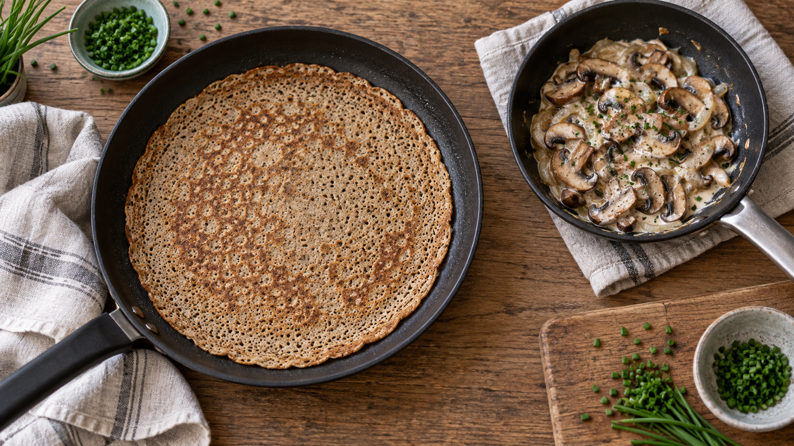 Ein durchgebackener dünner Buchweizenpfannkuchen in der Pfanne neben der Champignonfüllung.