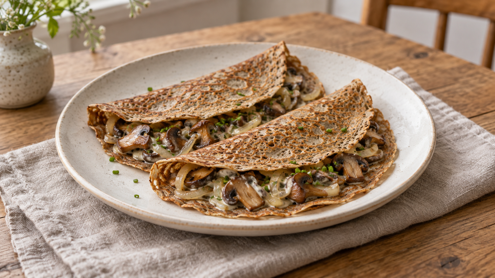 Folded buckwheat pancakes with mushrooms, crème fraîche and chives on a plate.