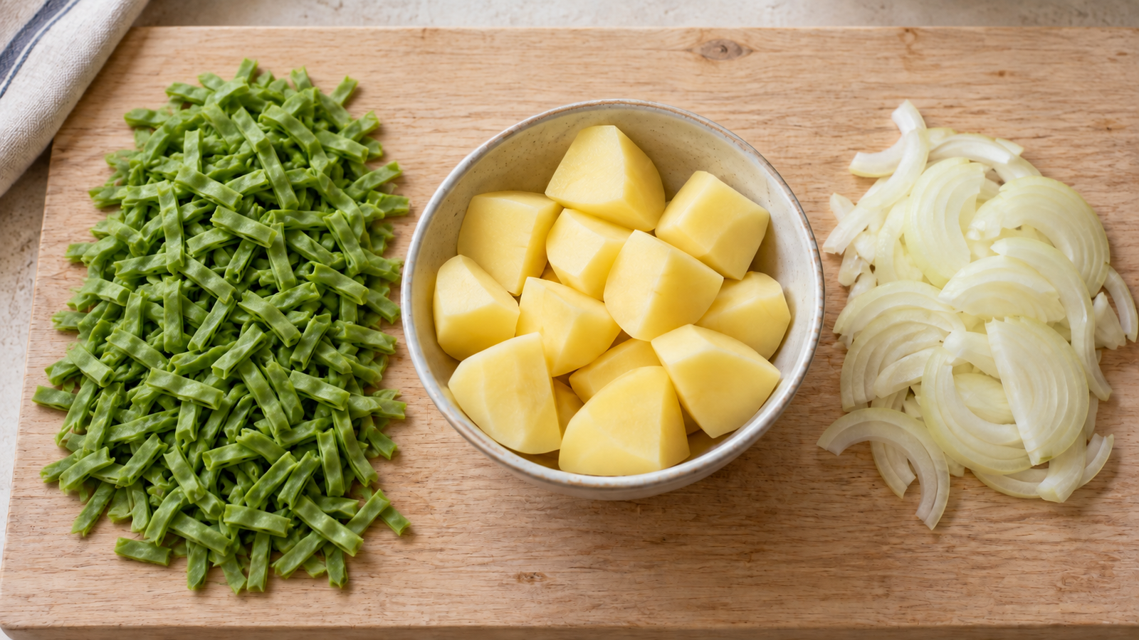 Sliced fresh runner beans, potato chunks and onion half-rings laid out for preparation.