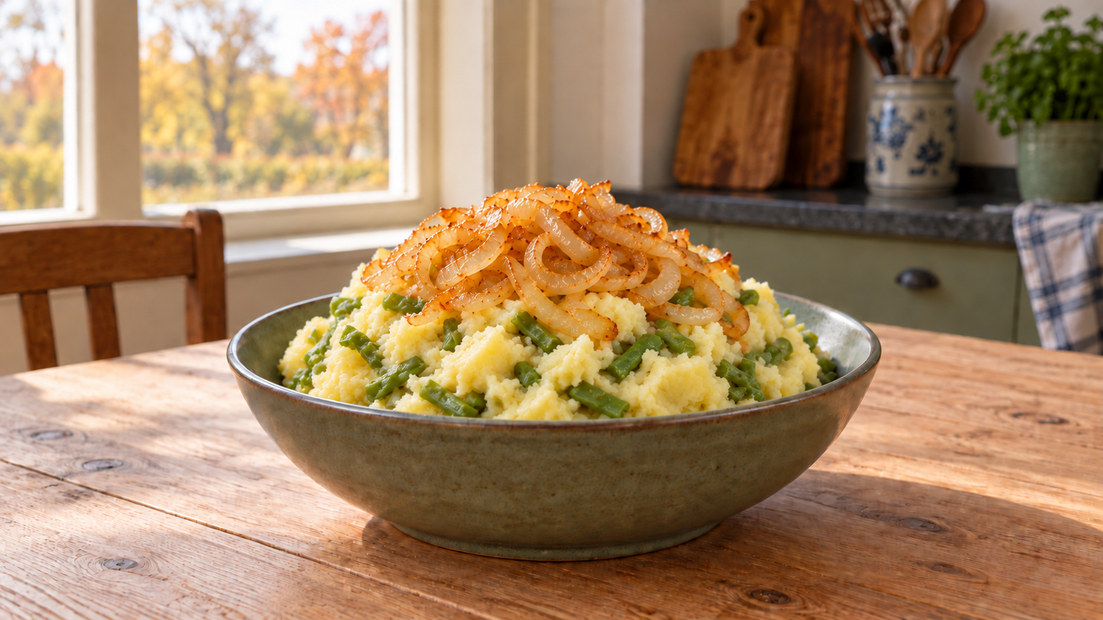 Roughly mashed potatoes with fine green runner bean strips and golden onion rings.