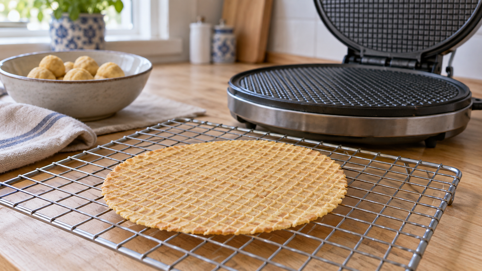 Ein einzelnes flaches Kniepertje kühlt auf einem Gitter neben einem offenen Eisen für dünne Waffeln ab.