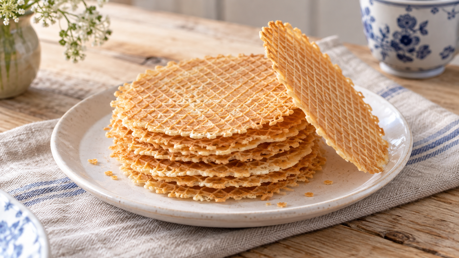 A loose stack of thin, flat, light-brown kniepertjes with a fine waffle pattern on a plate.