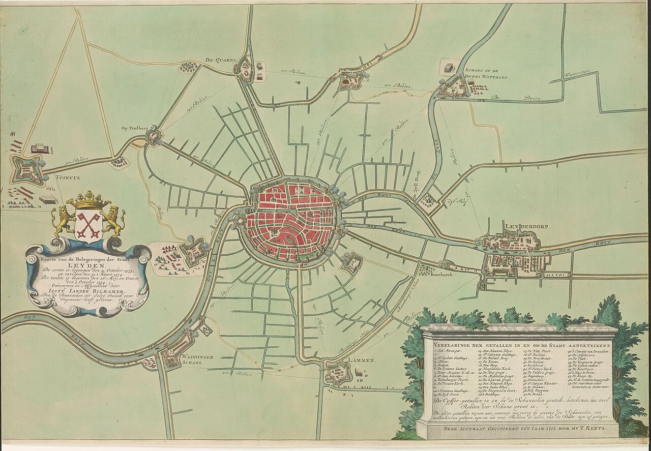 Carte du siège de Leyde par Joost Janszoon Bilhamer, copiée par T. Reets en 1717. Domaine public.