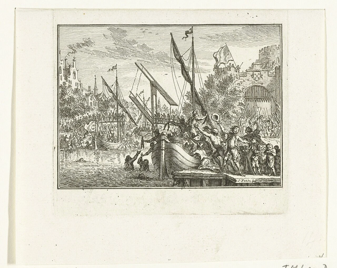 Simon Fokke, La levée du siège de Leyde, 1574, estampe de 1782–1784. Rijksmuseum, CC0. Une représentation ultérieure de l’événement.