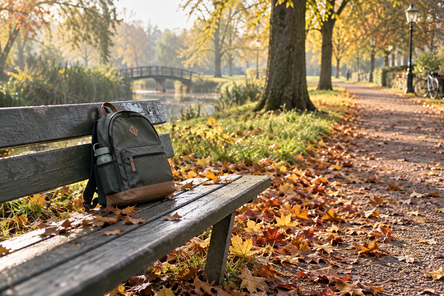 AI-beeld ter illustratie. Herfstpad in een algemeen Nederlands park, niet een specifieke plek.