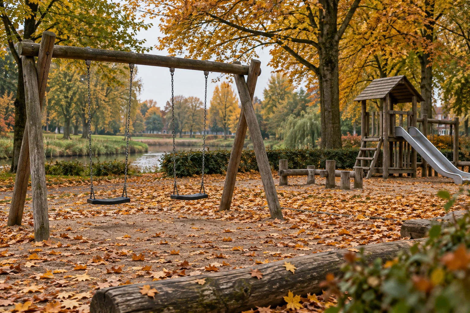 AI-beeld ter illustratie. Lege speelplek met herfstbladeren als algemene sfeerillustratie.