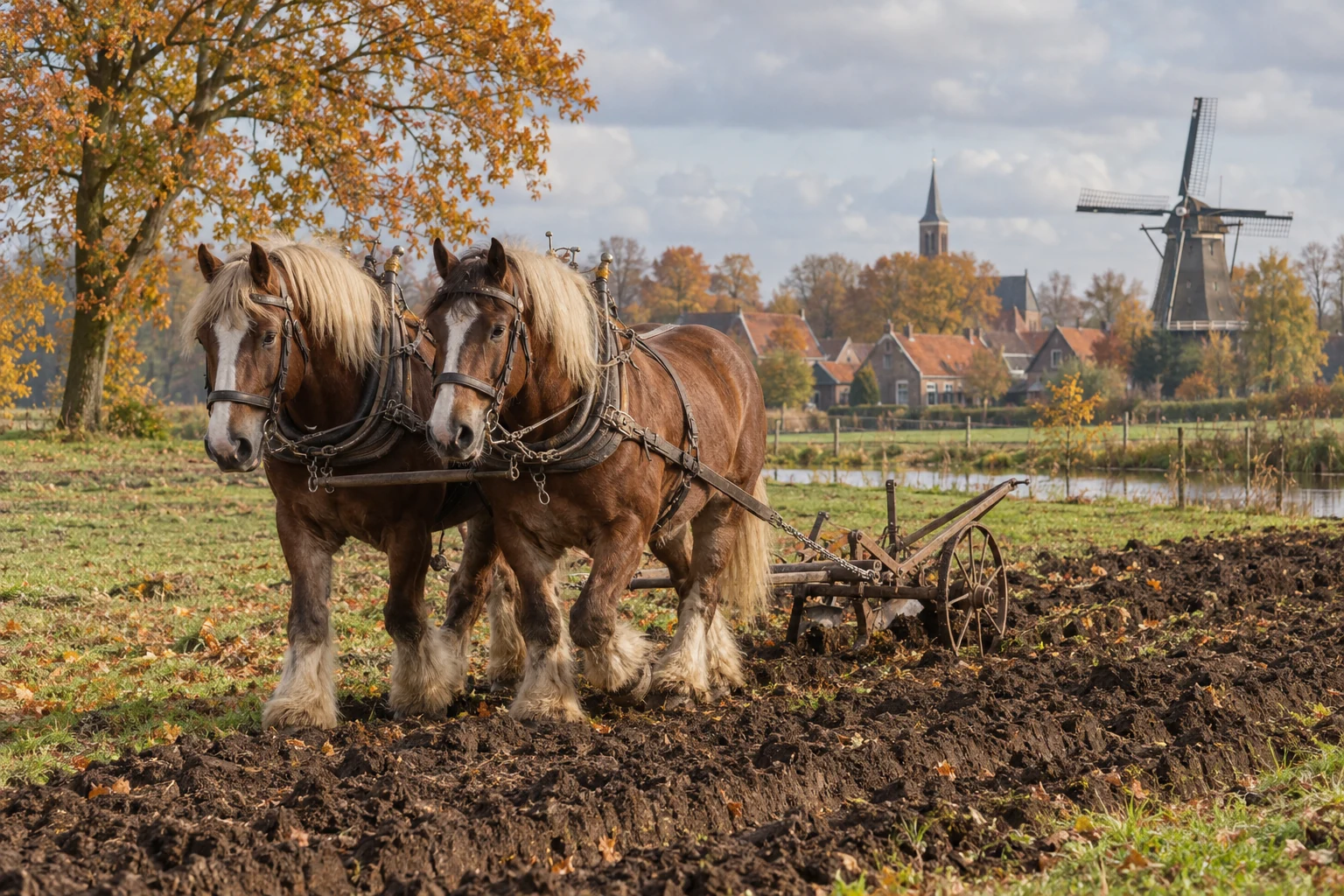 AI-beeld ter illustratie: generieke trekpaarden aan het werk op een akker.