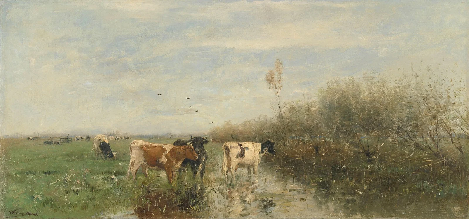 Schilderij van een polderlandschap met koeien in een natte weide onder een bewolkte lucht, met rechts struikgewas en links in de verte meer vee.